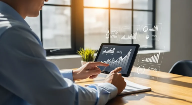 A businessman reviewing financial growth metrics on a digital tablet powered by accumatica erp in a modern office.