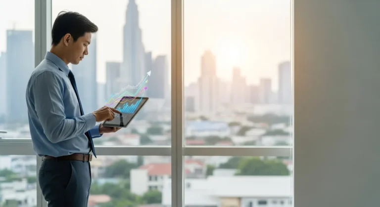 A professional man reviewing growth analytics on a tablet using Acumatica Cloud ERP in a modern office.