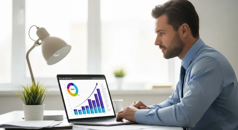 A professional analyzing growth charts on a laptop using the Acumatica ERP system in a modern office.