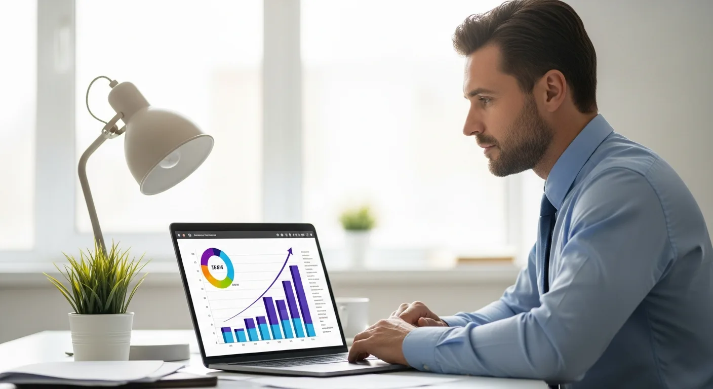 A professional analyzing growth charts on a laptop using the Acumatica ERP system in a modern office.