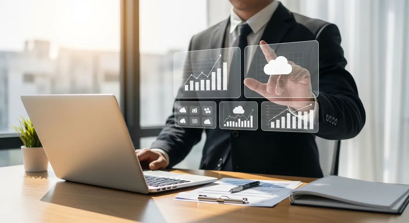 A professional man reviewing data analytics on a tablet using Acumatica ERP for mid-market business management.