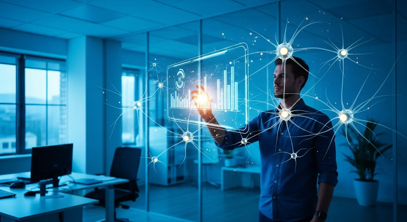 A professional visualizing AI driven ERP systems future of Nusaker through a holographic digital interface.