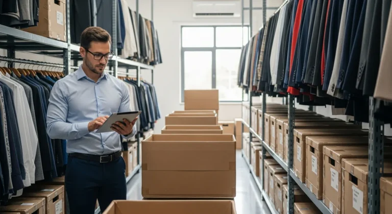 A logistics manager using apparel erp software to track fashion inventory in a modern distribution center.