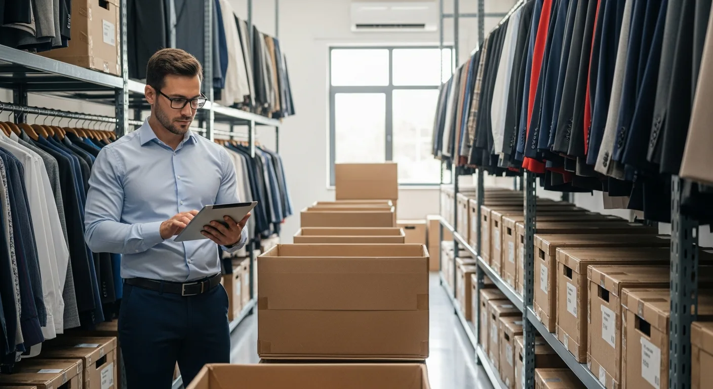 A logistics manager using apparel erp software to track fashion inventory in a modern distribution center.