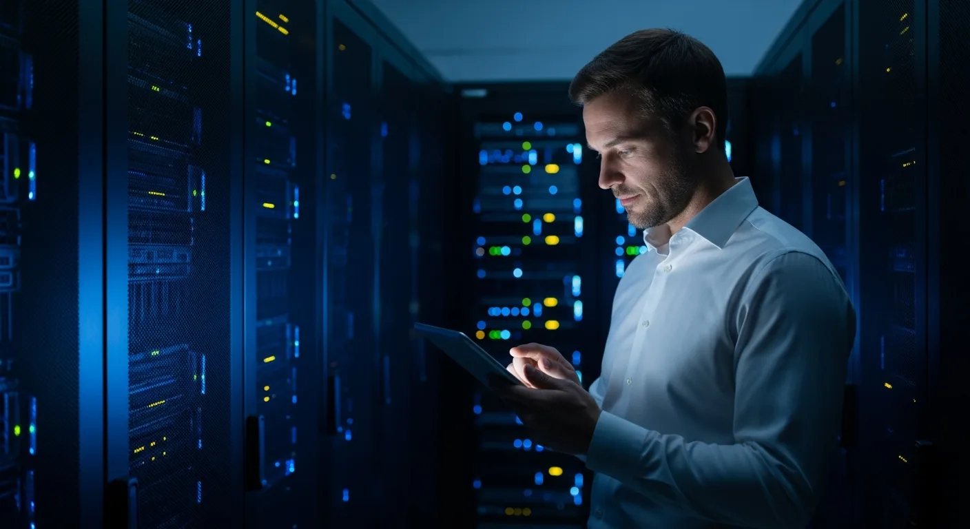 A professional man in a modern office analyzing data dashboards powered by an as400 erp system on multiple monitors.
