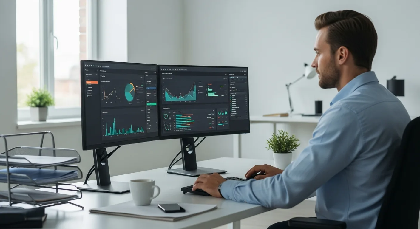 A professional managing complex business workflows using the ascent erp integration on a large monitor.