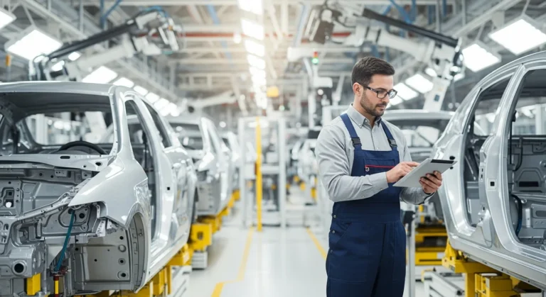 A man monitoring vehicle assembly line efficiency using automotive erp software on a digital tablet.