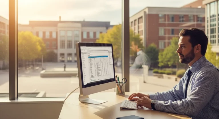 A university administrator using Banner ERP software on a high-tech computer monitor in a modern campus office.
