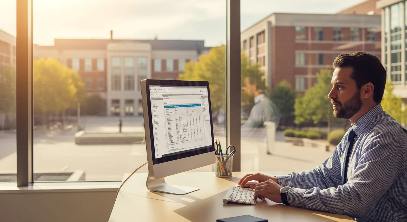 A university administrator using Banner ERP software on a high-tech computer monitor in a modern campus office.
