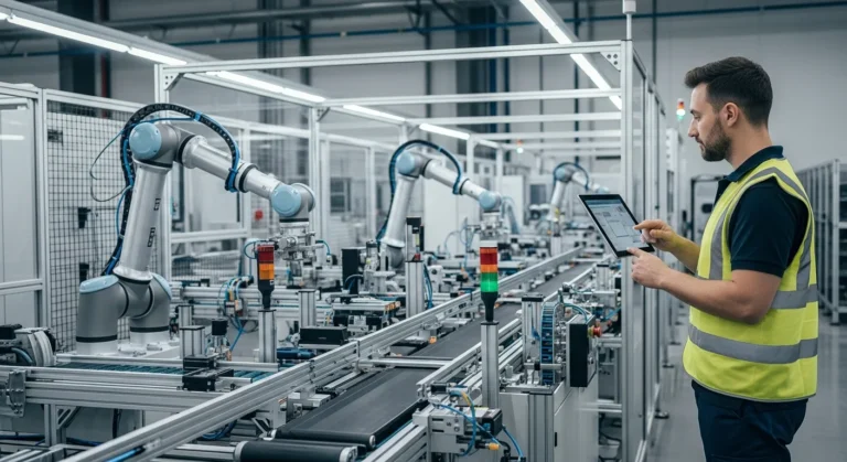 A professional analyzing the best erp for manufacturing on a digital tablet within a high-tech smart factory.