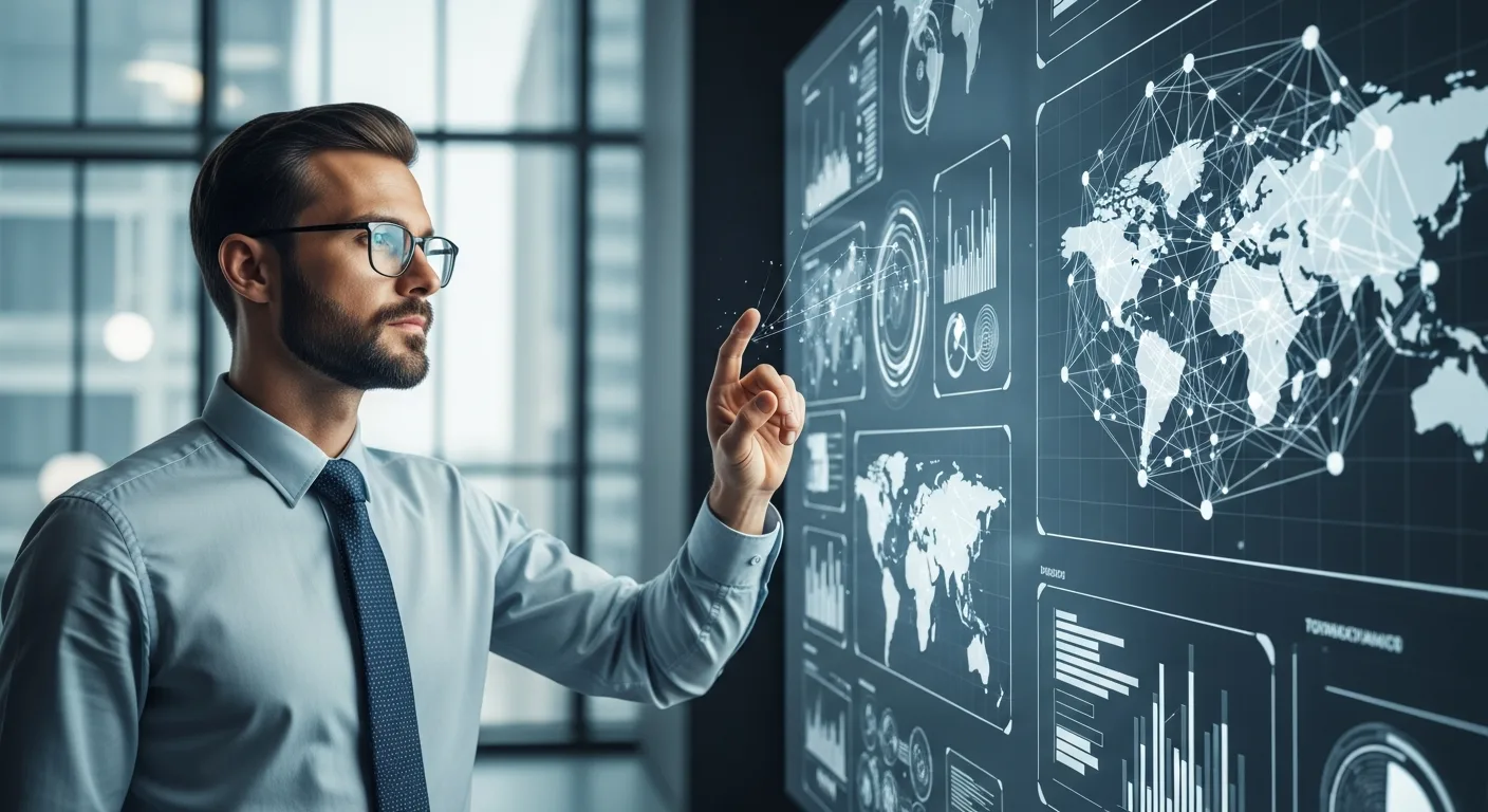 A professional man analyzing a digital dashboard of the best erp packages for corporate management.
