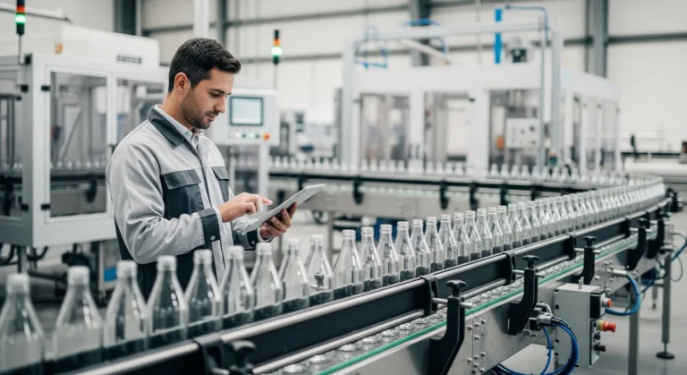 A plant manager using beverage erp software on a tablet to monitor bottling production and compliance.