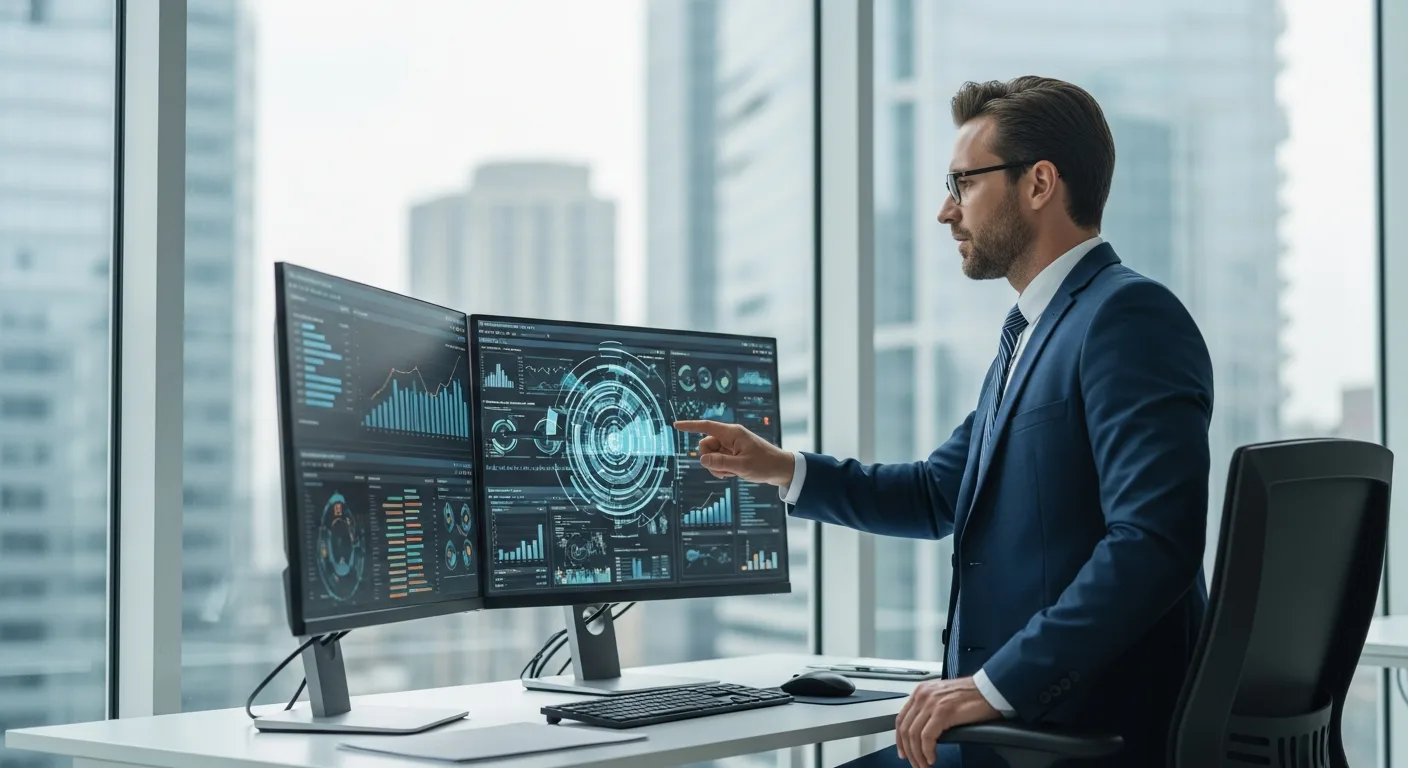 A businessman reviewing financial data on business central erp to manage his growing company's scaling operations.
