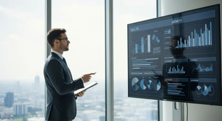 Modern executive reviewing real-time data on a businessman erp dashboard to scale corporate operations.