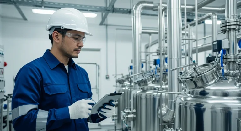 A technician using chemical manufacturing ERP software on a tablet in a modern industrial processing facility.