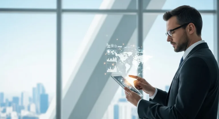 A professional man managing global business data through cloud computing in erp on a tablet in a modern office.