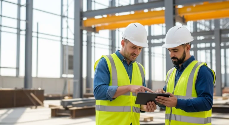 A construction manager using coins erp on a tablet at a modern engineering project site.