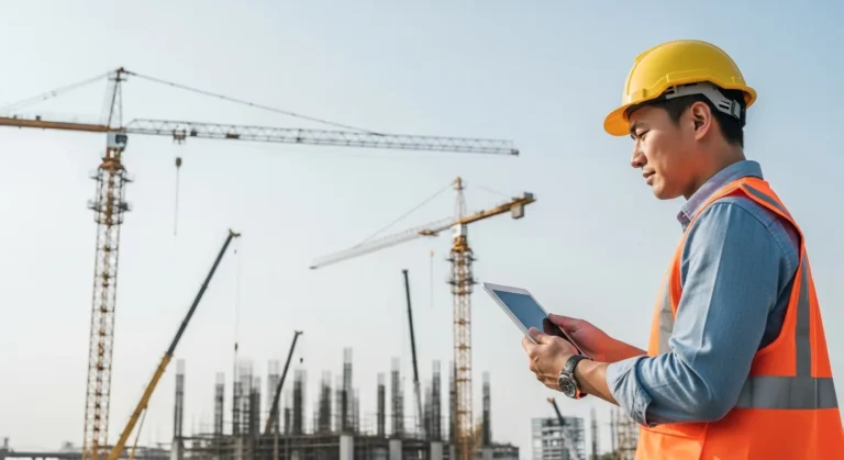 A man reviewing real-time project data using construction erp software on a tablet at a modern job site.