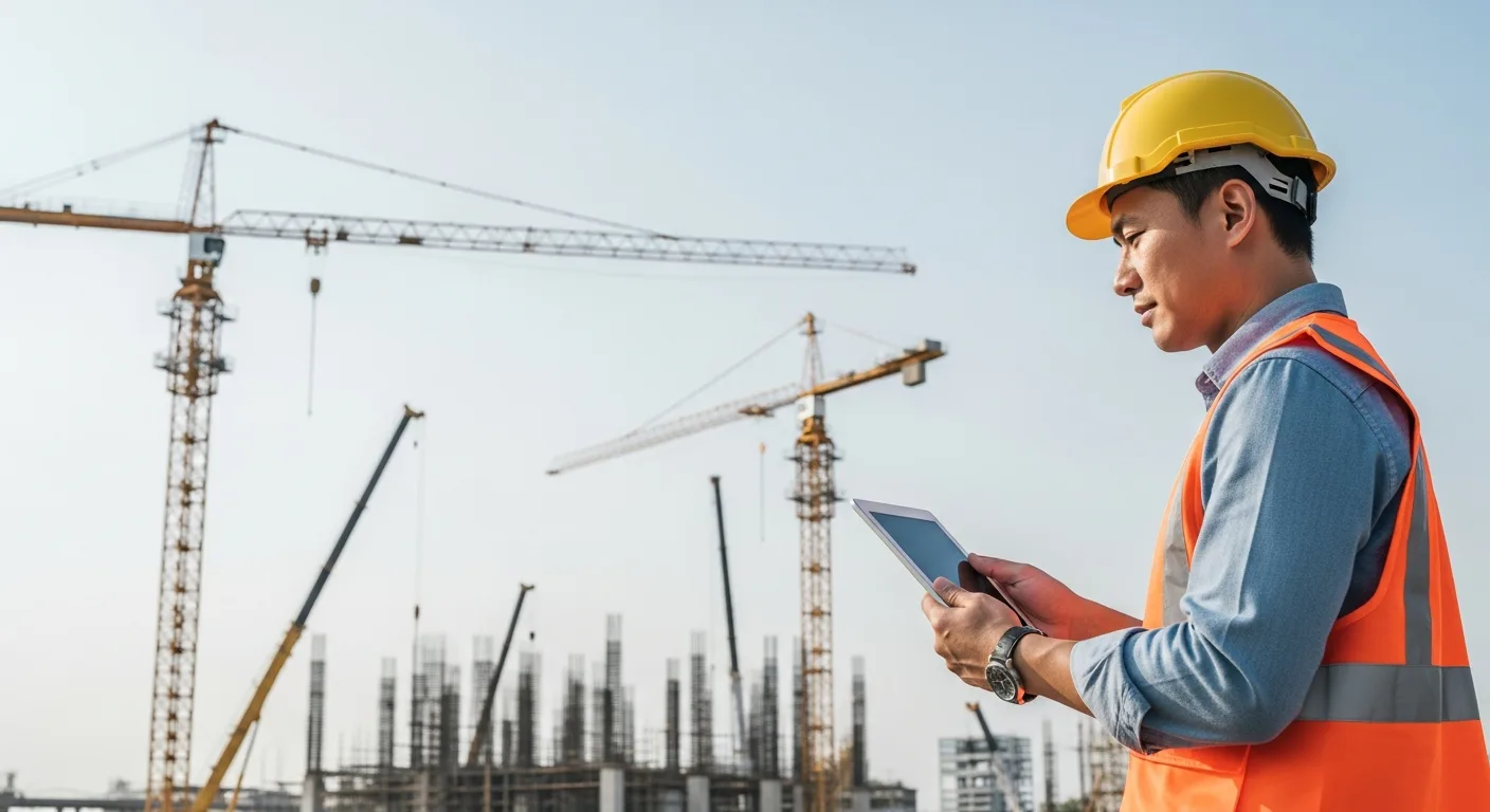 A man reviewing real-time project data using construction erp software on a tablet at a modern job site.