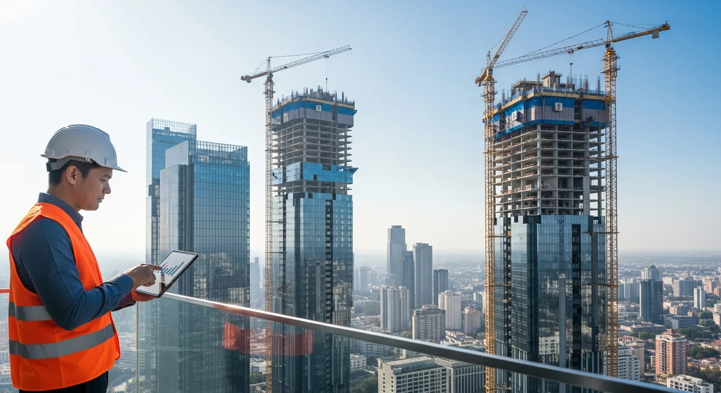 A professional man using modern construction erp software on a tablet at a high-tech building site in 2026.