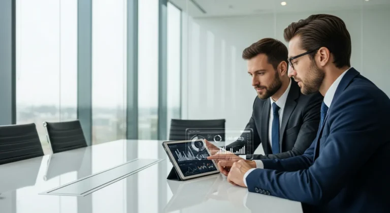 A professional consultant erp reviewing complex business data visualizations on a tablet in a modern office.