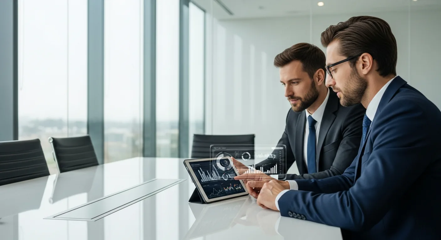 A professional consultant erp reviewing complex business data visualizations on a tablet in a modern office.