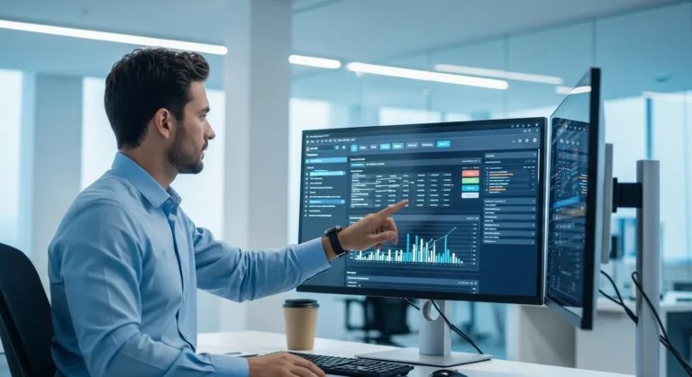 A professional man reviewing data on a custom ERP dashboard to optimize business efficiency and scalability in 2026.