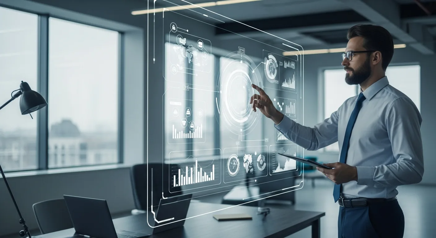 A professional man analyzing data visualizations for custom erp development on a large digital interface.