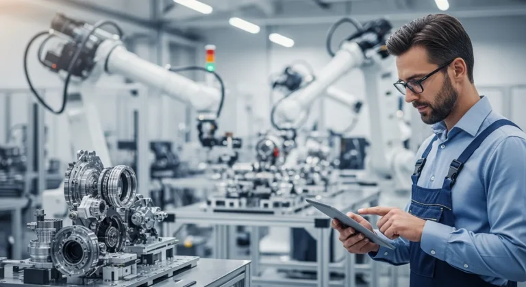 A technician using a discrete manufacturing ERP system on a tablet to monitor an automated factory assembly line.