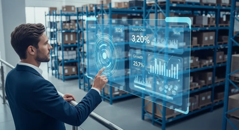 A professional man reviewing real-time logistics data on a distribution erp to scale a wholesale business.