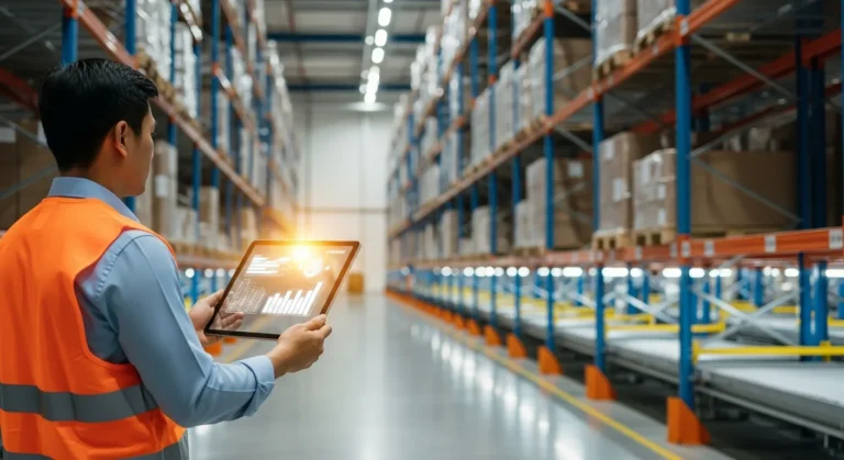 A professional using distribution erp software to monitor supply chain logistics in a modern warehouse.