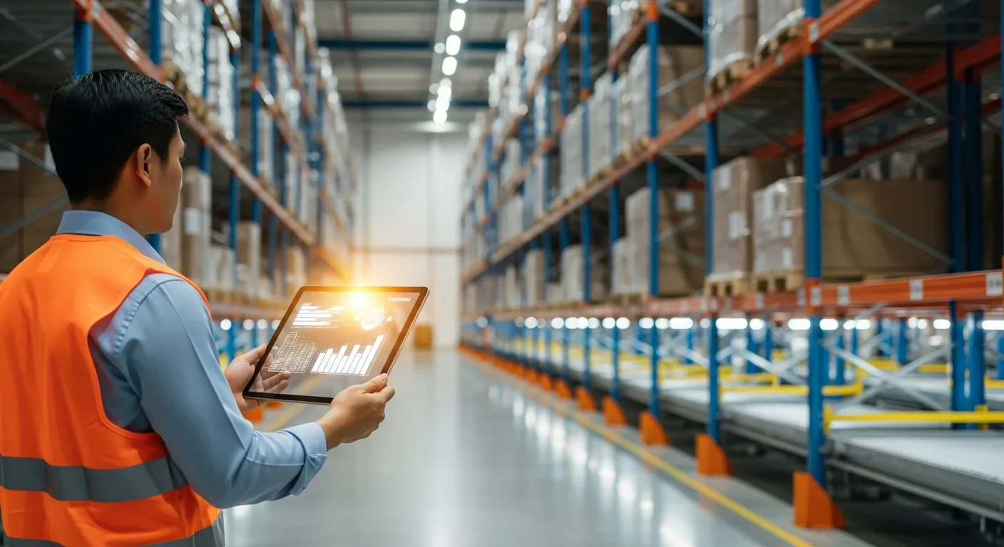 A professional using distribution erp software to monitor supply chain logistics in a modern warehouse.
