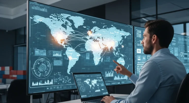 Global supply chain logistics being managed via edi erp integration on a high-tech digital interface.