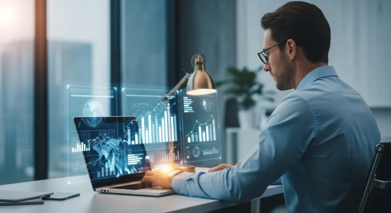 Professional man reviewing real-time financial analytics on erp accounting software in a modern corporate office.