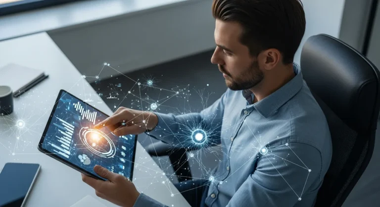 A professional man using an erp ai chatbot on a tablet to streamline complex business data and operations.