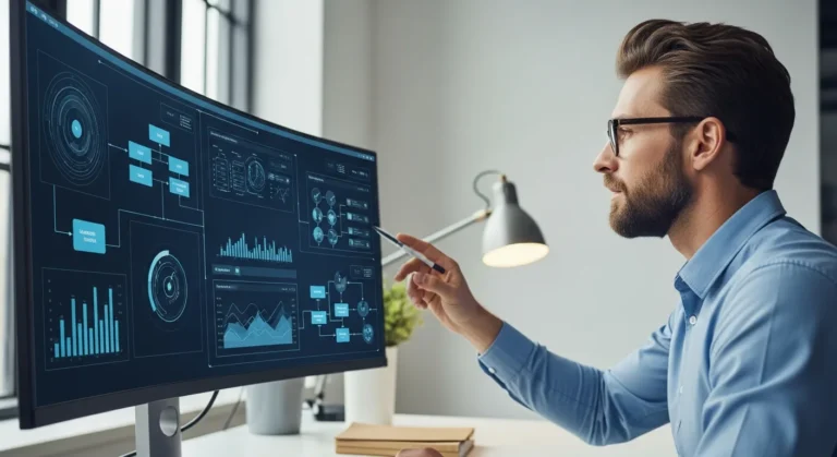 A professional erp analyst reviewing enterprise resource planning software dashboards on dual monitors in a modern office.