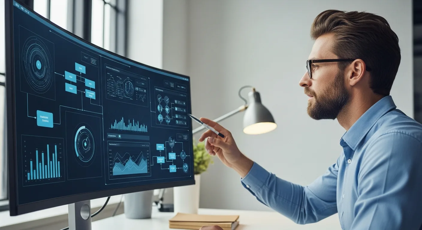 A professional erp analyst reviewing enterprise resource planning software dashboards on dual monitors in a modern office.