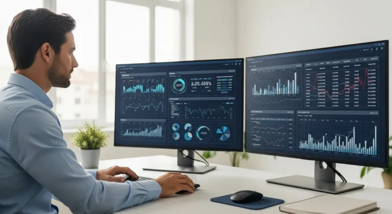 A professional comparing erp and accounting software dashboards on a dual-monitor setup in a modern office.
