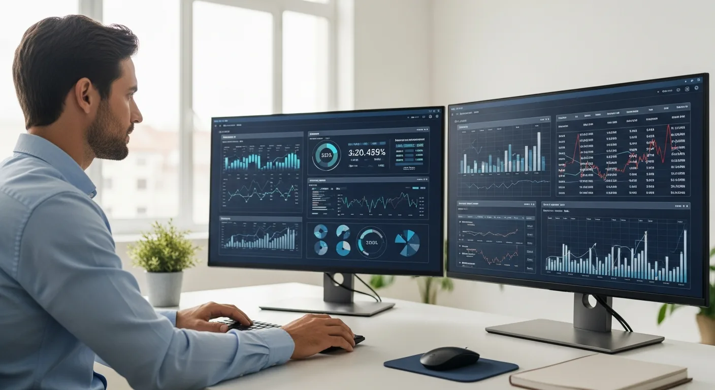 A professional comparing erp and accounting software dashboards on a dual-monitor setup in a modern office.