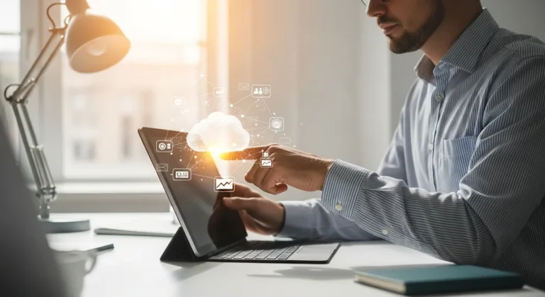 A professional man analyzing integrated data through erp and cloud computing solutions in a bright office.