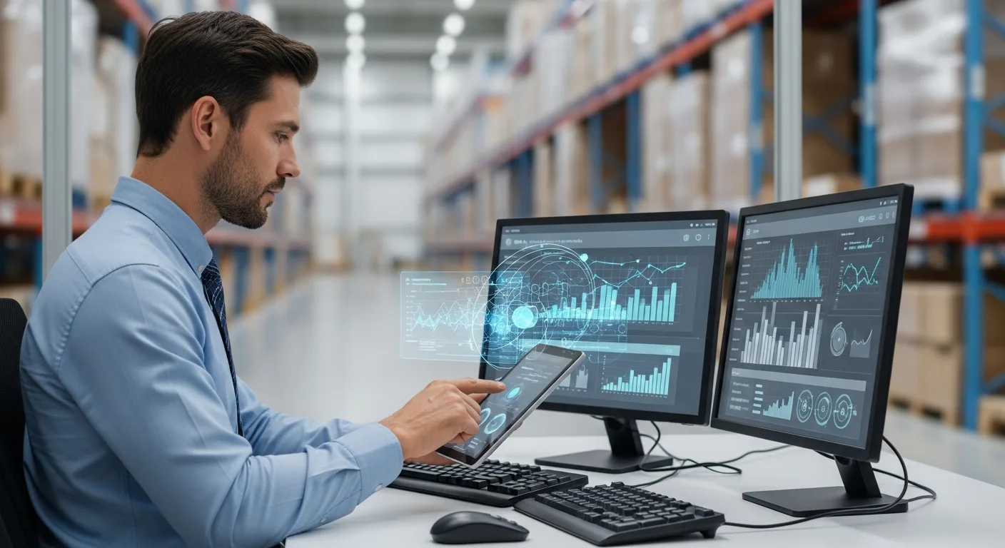 A professional man reviewing erp and supply chain data on a tablet in a high-tech logistics warehouse.