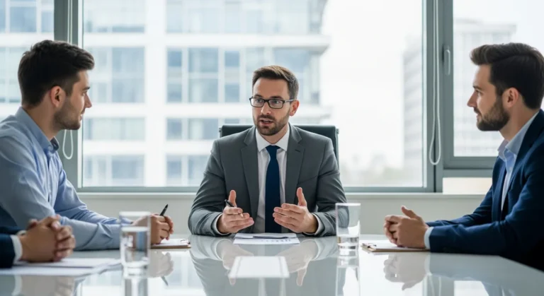 A professional team collaborating on erp change management strategies for a successful corporate transition.