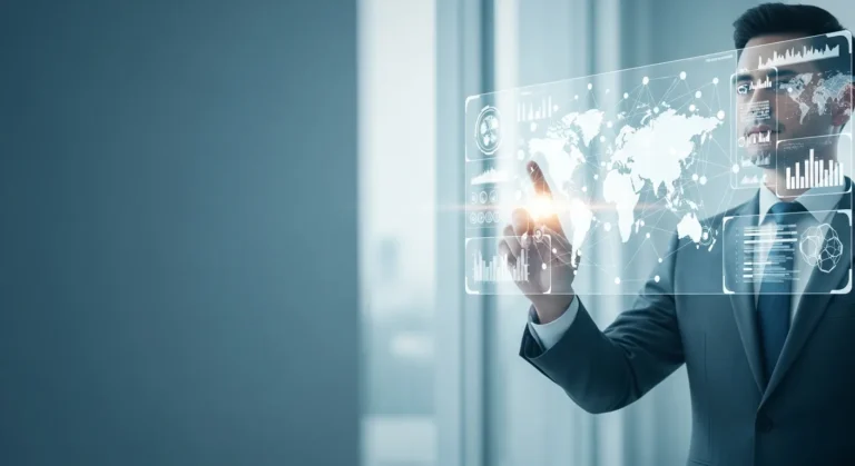 A professional man reviewing data visualizations of erp cloud systems 2025 on a sleek tablet in a modern office.