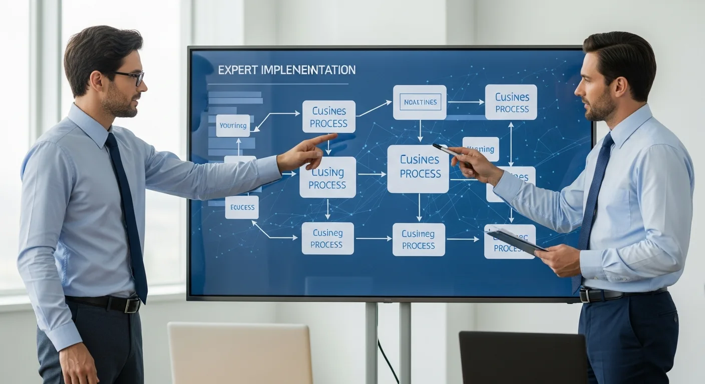 Experienced ERP consultants advising a business leader on software implementation strategy in a modern office.