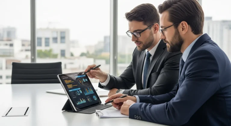 Professional men from erp consulting firms discussing business growth strategies in a modern office environment.