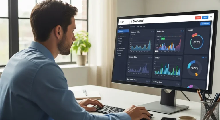 A businessman analyzing growth trends on a comprehensive erp dashboard sales interface in a modern office.