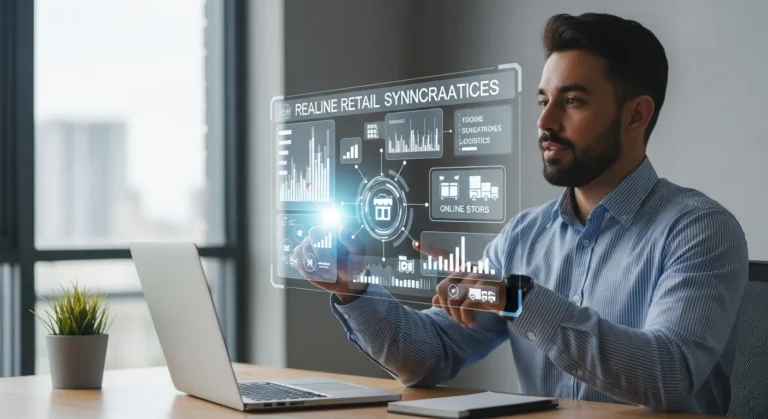 A digital visualization of erp ecommerce integration syncing retail data across a global network in 2026.