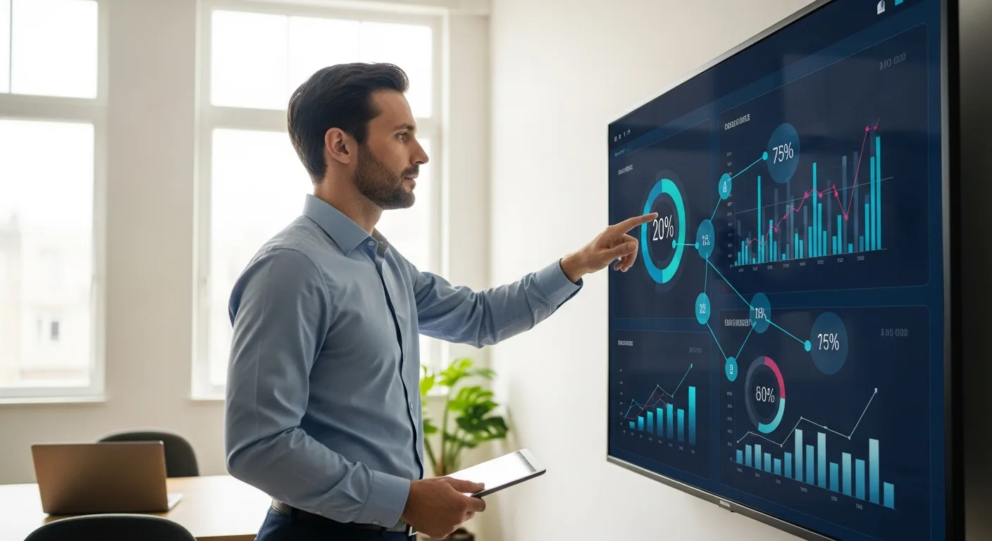 A businessman reviewing erp finance data on a digital dashboard to optimize modern business growth strategies.