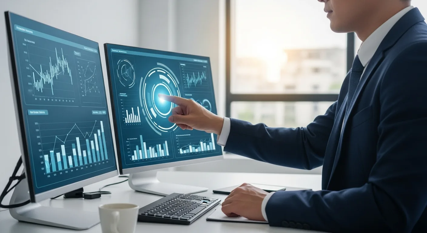 Professional reviewing real-time data analytics on modern erp financial systems in a high-tech office setting.