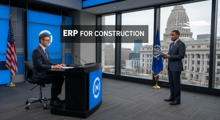 A professional construction manager reviewing real-time project data using erp for construction on a tablet.